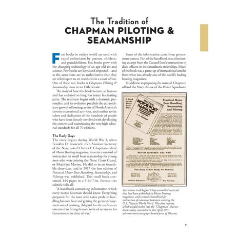 A page from Chapman Piloting & Seamanship detailing the history of a maritime manual, including an advertisement for “Practical Motor Boat Handling, Seamanship and Piloting” which highlights essential skills for boating.