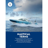 A blue motorboat cruises on the open ocean, shown on a page from the Chapman Piloting & Seamanship book titled “Chapter 1: Nautical Terms.”
