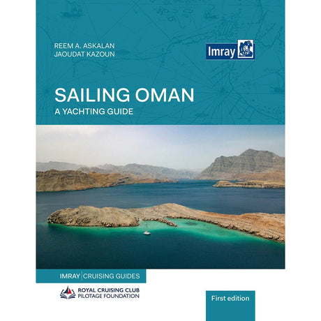 The cover of Sailing Oman - A Yachting Guide, showing an aerial view of a boat in a turquoise bay surrounded by rocky mountains.