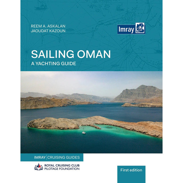 The cover of Sailing Oman - A Yachting Guide, showing an aerial view of a boat in a turquoise bay surrounded by rocky mountains.