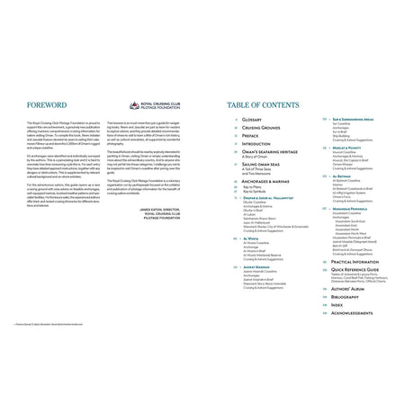 Two open pages of the Sailing Oman - A Yachting Guide showing the foreword on the left and the table of contents on the right.