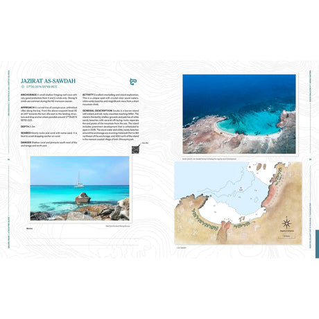 A two-page spread of Sailing Oman - A Yachting Guide, featuring a descriptive text box, an aerial photograph of a turquoise bay, a ground-level view of rocks, and a nautical map with depth markers and navigation symbols.