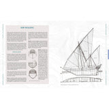 A detailed technical line drawing of a traditional wooden sailing vessel with labeled parts, featured in the book Sailing Oman - A Yachting Guide.