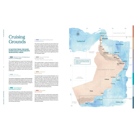 The “Sailing Oman - A Yachting Guide” travel guide details seven regions of the Omani coast, featuring a map of Oman with port entries, cities, and surrounding seas for those planning a sailing itinerary.