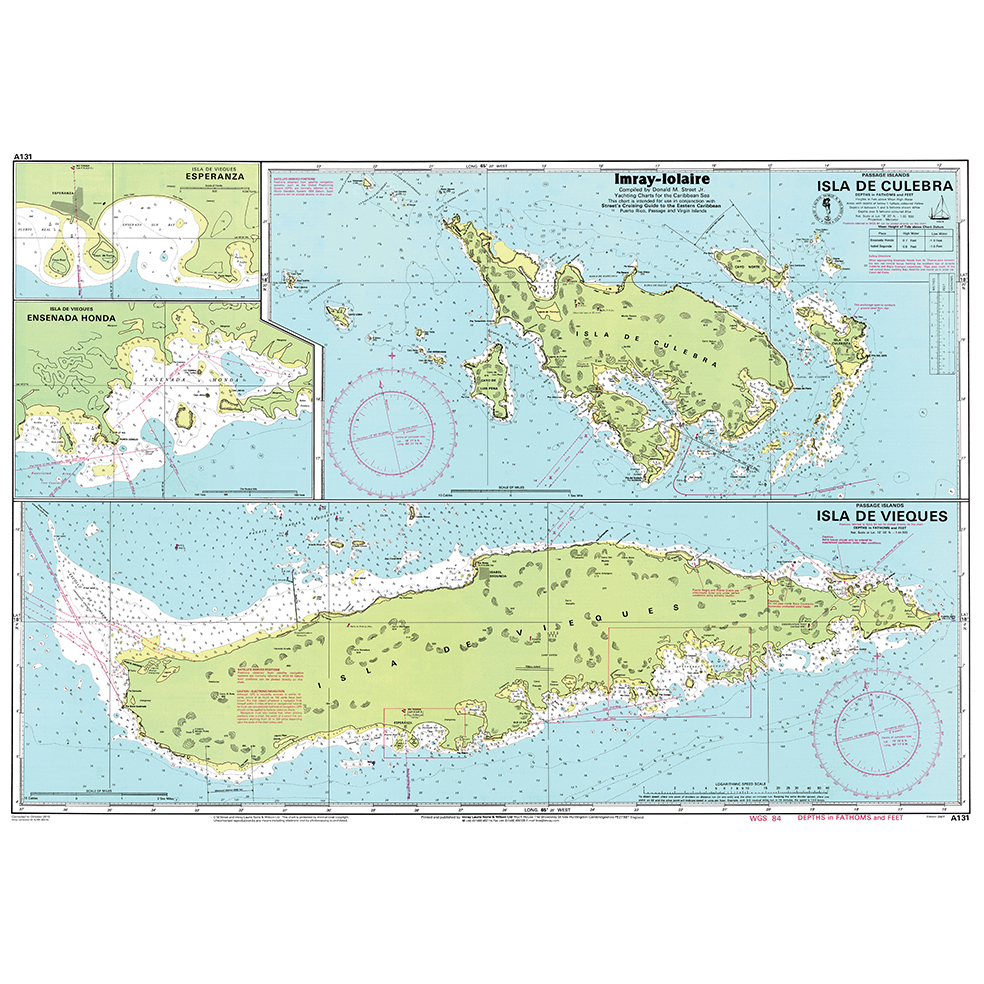 Imray Chart A131: Isla de Culebra and Isla de Vieques by Imray shows detailed water depths, navigation markers, reefs, plus insets of Bahía de Esperanza and Ensenada Honda—perfect for chart or GPS navigation.