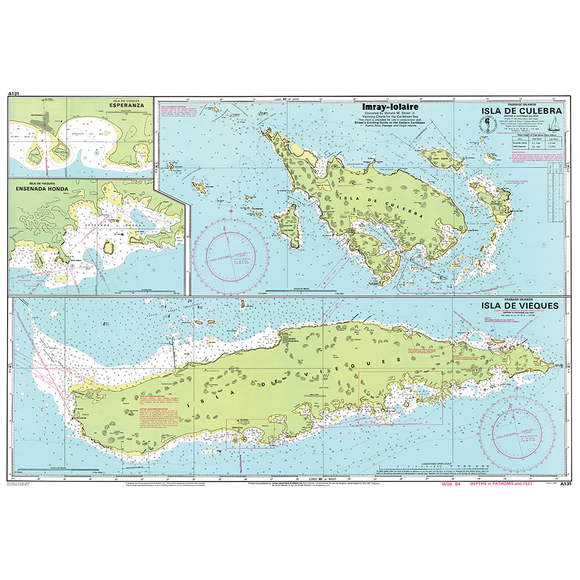 The Imray Chart A131, titled "Isla de Culebra and Isla de Vieques," from the renowned brand Imray, provides detailed topographical and bathymetric information. This nautical chart features coastline contours, depths, navigation aids, and landmarks for Esperanza, Ensenada Honda, and the surrounding waters—making it a perfect Caribbean navigation guide for cruising sailors.