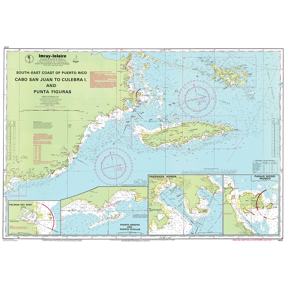Imray Chart A13 by Imray covers Cabo San Juan to Culebra Island and Punta Figuras, featuring depth markings, navigation routes, and insets of Palmas del Mar, Ensenada Honda, and Pasaje Medio Mundo on Puerto Rico’s southeast coast.