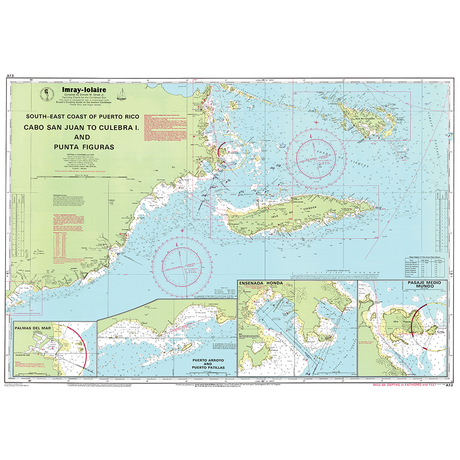 Imray Chart A13 by Imray covers Cabo San Juan to Culebra Island and Punta Figuras, featuring depth markings, navigation routes, and insets of Palmas del Mar, Ensenada Honda, and Pasaje Medio Mundo on Puerto Rico’s southeast coast.