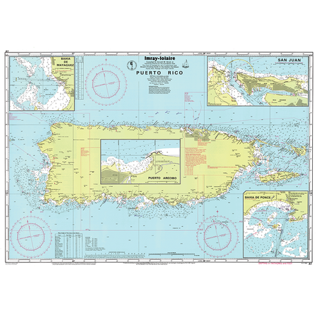 Imray Chart A1: Puerto Rico by Imray features coastal details, depths, and navigational aids for GPS use. Includes insets of Bahía de Mayagüez, Ponce, San Juan, and Arecibo. Labels in English/Spanish. Caribbean chart.