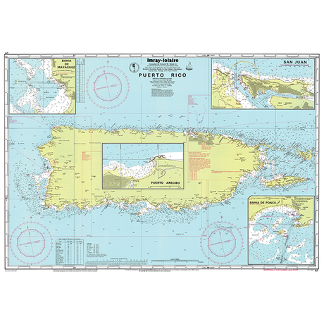 The Imray Chart A1 | Puerto Rico by Imray is a detailed nautical chart essential for Caribbean navigation, showcasing Puerto Rico's coastline, marine navigation details, depth contours, and various nautical markings. The chart also includes insets with close-ups of San Juan, Bahia de Mayaguez, Bahia de Ponce, and Puerto Arecibo.