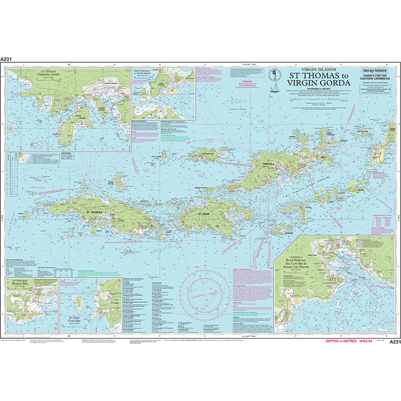 The Imray Chart A231 titled "St Thomas to Virgin Gorda" covers the Virgin Islands and displays detailed navigational information for maritime use. Printed on water-resistant Pretex paper, this chart includes depth soundings, coastal features, anchorages, and navigation aids with insets for specific harbors.