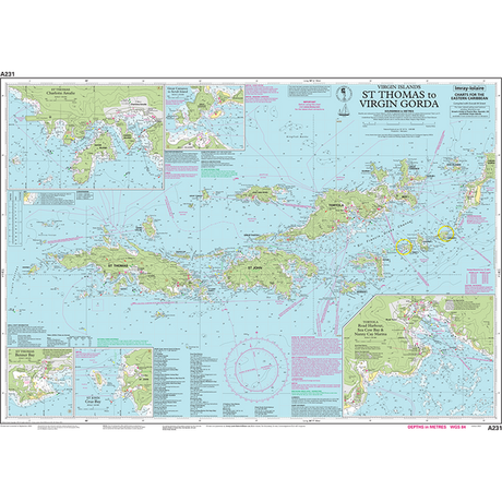 This maritime navigational chart is the Imray Chart A233 | Virgin Islands, depicting the area from St. Thomas to Virgin Gorda. Created with Imray-Iolaire charts, it showcases various islands, coastal areas, depth contours, navigation routes, and other maritime information in blue and green hues. Text and a compass rose are included.