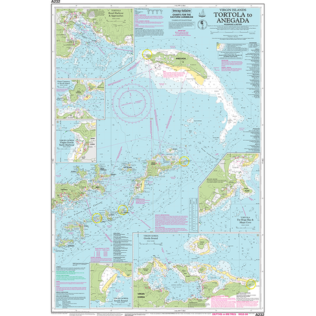 The Imray Chart A232 | Tortola to Anegada by Imray is a detailed nautical chart of the Virgin Islands, ideal for Caribbean navigation. It includes underwater topography, navigational aids, shipping routes, and geographic coordinates. Insets display maps of several smaller islands and harbors within the region. Perfect for cruising sailors.