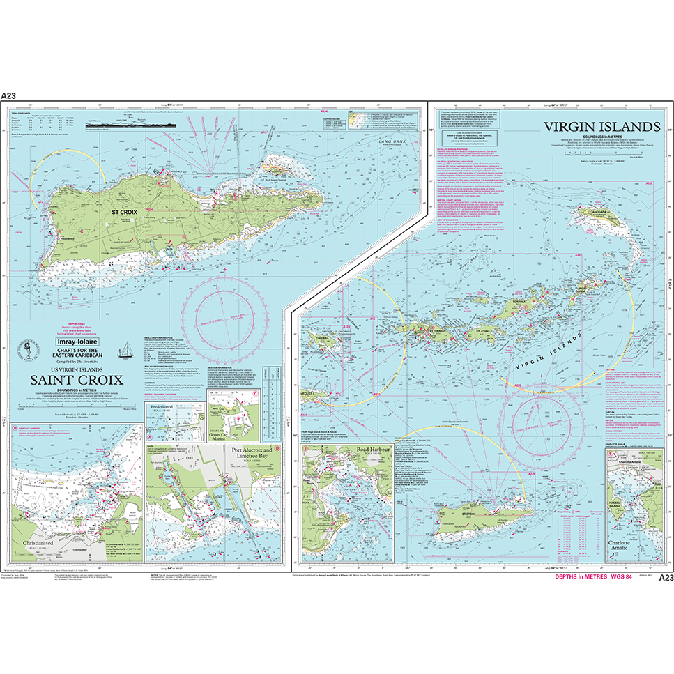 Imray Chart A23: Virgin Islands and St Croix by Imray features detailed nautical maps of Saint Croix, Saint Thomas, and Saint John with depth markings, coastal features, navigational routes, and maritime notations.