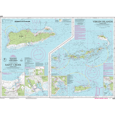 Imray Chart A23: Virgin Islands and St Croix by Imray features detailed nautical maps of Saint Croix, Saint Thomas, and Saint John with depth markings, coastal features, navigational routes, and maritime notations.
