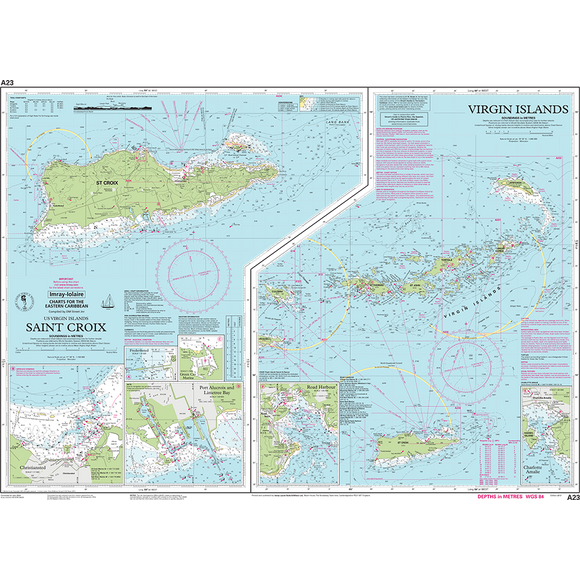 Check out the Imray Chart A23 | Virgin Islands and St Croix by Imray, a detailed nautical chart perfect for Caribbean navigation. It provides navigational information such as depth measurements, shipping routes, and hazards. Insets offer magnified views of specific areas, all printed on durable water-resistant Pretex paper.