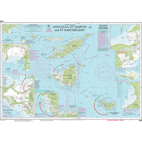 The Imray Chart A24 | Anguilla, St Martin and St Barthélémy is an essential tool for Caribbean navigation. This chart from Imray covers the islands of Anguilla, Saint Martin, and Saint Barthélemy, providing crucial navigational details, depth contours, and information on maritime routes. Insets offer detailed views of various harbors and anchorages, making it an indispensable guide for cruising sailors.