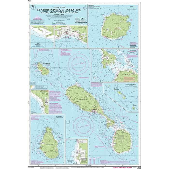 Imray Chart A25 by Imray details St Eustatius, St Christopher, Nevis, Montserrat, and Saba with coastline, depths, navigation markers on blue and white; includes harbor insets for close-up navigation reference.