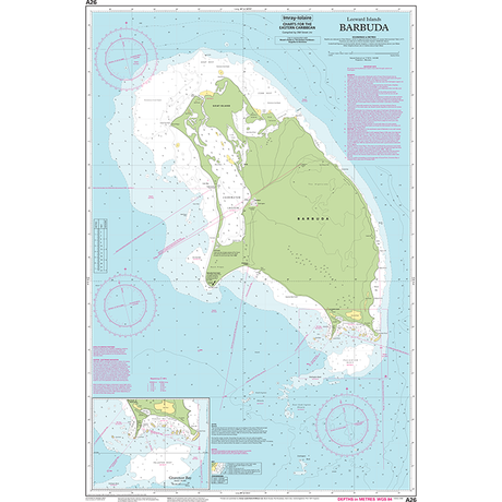 Imray Chart A26: Barbuda by Imray shows coastline, water depths, navigational markers, reefs, and land features. Includes an inset map and navigation instructions. Ideal for Eastern Caribbean navigation.