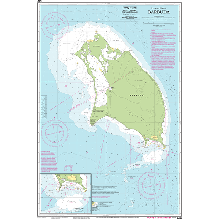 The Imray Chart A26 | Barbuda by Imray features detailed contour lines and highlighted terrains, including coastlines and bodies of water. An inset at the bottom offers a close-up view of a specific area. This comprehensive navigational resource includes markers and annotations throughout, making it ideal for navigating the Caribbean.