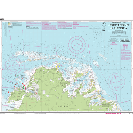 The Imray Chart A271 | North Coast of Antigua by Imray features a nautical chart of the north coast of Antigua, offering detailed bathymetric data, navigational aids, water depths, and shoreline structures. This essential sailing guide includes indications of hazards, buoys, and lighthouses crucial for Caribbean navigation.