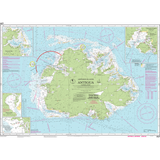 Imray Chart A27: Antigua by Imray shows Antigua's coastal outlines, bathymetric water depths, navigation aids, reefs, and nearby islands. Insets cover harbors and anchorages. Includes navigational notes for small craft.