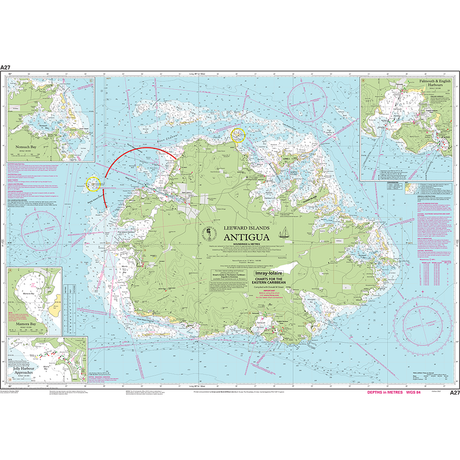 Imray Chart A27: Antigua by Imray shows Antigua's coastal outlines, bathymetric water depths, navigation aids, reefs, and nearby islands. Insets cover harbors and anchorages. Includes navigational notes for small craft.