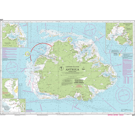 The Imray Chart A27 | Antigua, from the renowned brand Imray, provides a detailed nautical chart of Antigua in the Leeward Islands. It showcases coastal features, depths, navigational aids, and hazards. Insets of Saint John's Harbour and English Harbour are included for added detail. Printed on durable Pretex paper, the map is set against a light blue sea with various maritime markings.