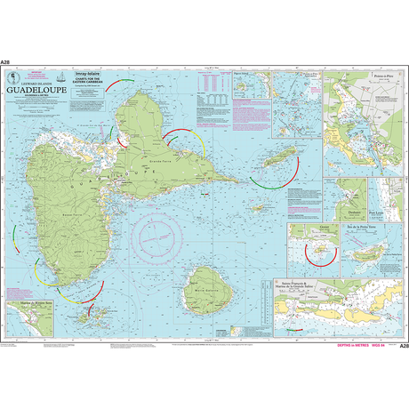 Imray Chart A28: Guadeloupe by Imray shows detailed coastlines, water depths, navigation aids, inset maps of Pointe-à-Pitre’s ports and bays, marine reserves, and uses Imray-Iolaire Caribbean chart symbols.