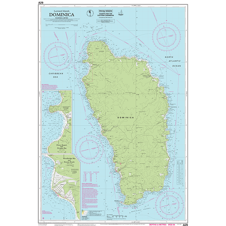 The Imray Chart A29 | Dominica by Imray is a detailed map perfect for the Cruising Sailor's guide. It highlights topographical features, including elevation and terrain, with the Caribbean Sea to the west and the North Atlantic Ocean to the east. Additionally, it includes various navigational details and coordinates.