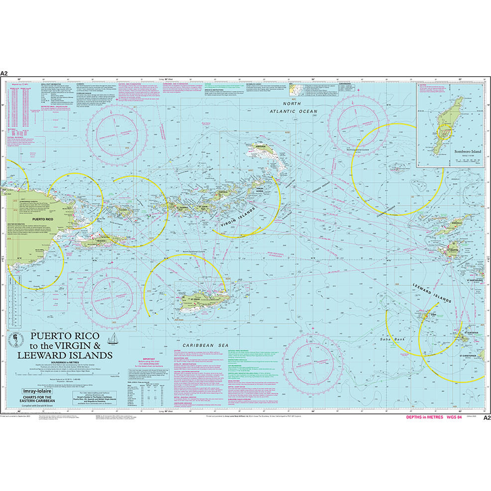 Imray Chart A2: Puerto Rico to the Virgin and Leeward Islands by Imray displays navigation routes, bathymetric data, compass roses, and detailed labels for land and maritime features in the Caribbean Sea and North Atlantic Ocean.