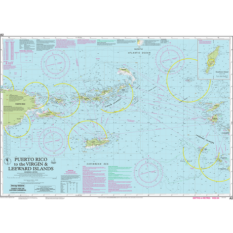 The Imray Chart A2 | Puerto Rico to the Virgin and Leeward Islands, designed by Imray for the Cruising Sailor, features detailed marine navigational information including shipping routes, depth contours, hazards, and landmarks. It includes coordinates and scale for precise maritime navigation and is perfectly aligned with other Imray-Iolaire Caribbean charts.