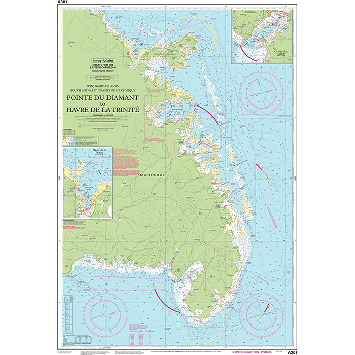 The Imray Chart A301, titled "Martinique - South and East Coasts," is an essential nautical chart for navigating the southern part of Martinique. It includes detailed depth markings and navigational aids, making it perfect for Caribbean navigation. Additionally, insets provide comprehensive details of the Port of Le Marin and Havre de la Trinité area, making it a valuable resource for cruising sailors.