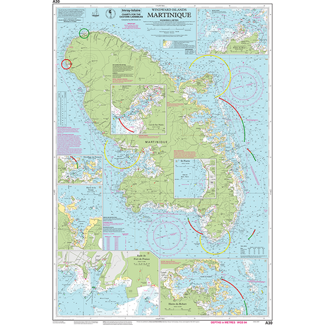 The Imray Chart A30 | Martinique is an intricate nautical chart perfect for Caribbean exploration, detailing coastal and underwater features. The chart includes insets with enlarged views of various coastlines and harbors, and it marks topographic contours, depth soundings, lighthouses, and navigational aids from the renowned Imray-Iolaire charts to assist in maritime navigation.