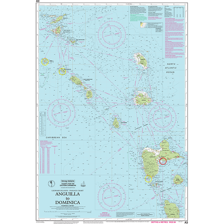 Imray Chart A3: Anguilla to Dominica by Imray details the Eastern Caribbean with islands, depths, navigation routes, compass roses, and shipping info—all labeled in English.