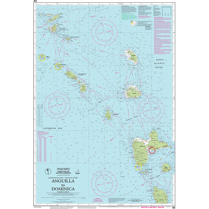 The Imray Chart A3 | Anguilla to Dominica Passage Chart by Imray depicts the eastern Caribbean, covering islands from Anguilla to Dominica. It includes navigation routes, maritime hazards, geographic coordinates, and water depths, making it an essential guide for cruising sailors navigating the Caribbean. The region is surrounded by both the Caribbean Sea and the North Atlantic Ocean.