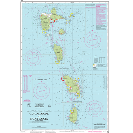 The Imray Chart A4 | Guadeloupe to St Lucia by Imray is a nautical chart depicting part of the Caribbean Sea and the North Atlantic Ocean between Guadeloupe and Saint Lucia. This comprehensive chart provides detailed coastal outlines, island names, water depths, navigational hazards, and shipping routes to ensure safe maritime navigation for vessels.