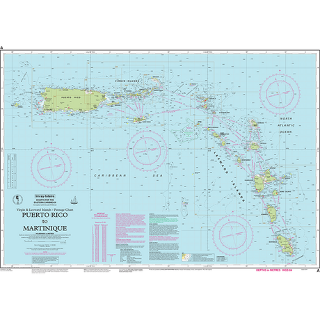 The Imray Chart A | Puerto Rico to Martinique is a comprehensive nautical chart detailing navigation routes, islands, and sea passages in the Caribbean Sea. This map, based on Imray-Iolaire charts, features compass roses, depth contours, landmarks, and navigational aids with key locations and texts specifically noted for mariners using this sailing guide from Imray.