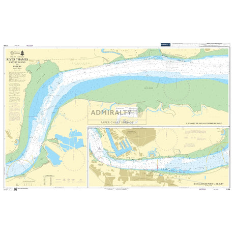 Product image of Admiralty Chart 1186 | River Thames Canvey Island to Tilbury, featuring navigational markings, depth soundings, and coastal features, essential for safe marine navigation. It could be displayed as an art piece or used for navigation on a boat or ship.