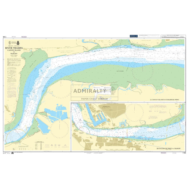 Product image of Admiralty Chart 1186 | River Thames Canvey Island to Tilbury, featuring navigational markings, depth soundings, and coastal features, essential for safe marine navigation. It could be displayed as an art piece or used for navigation on a boat or ship.