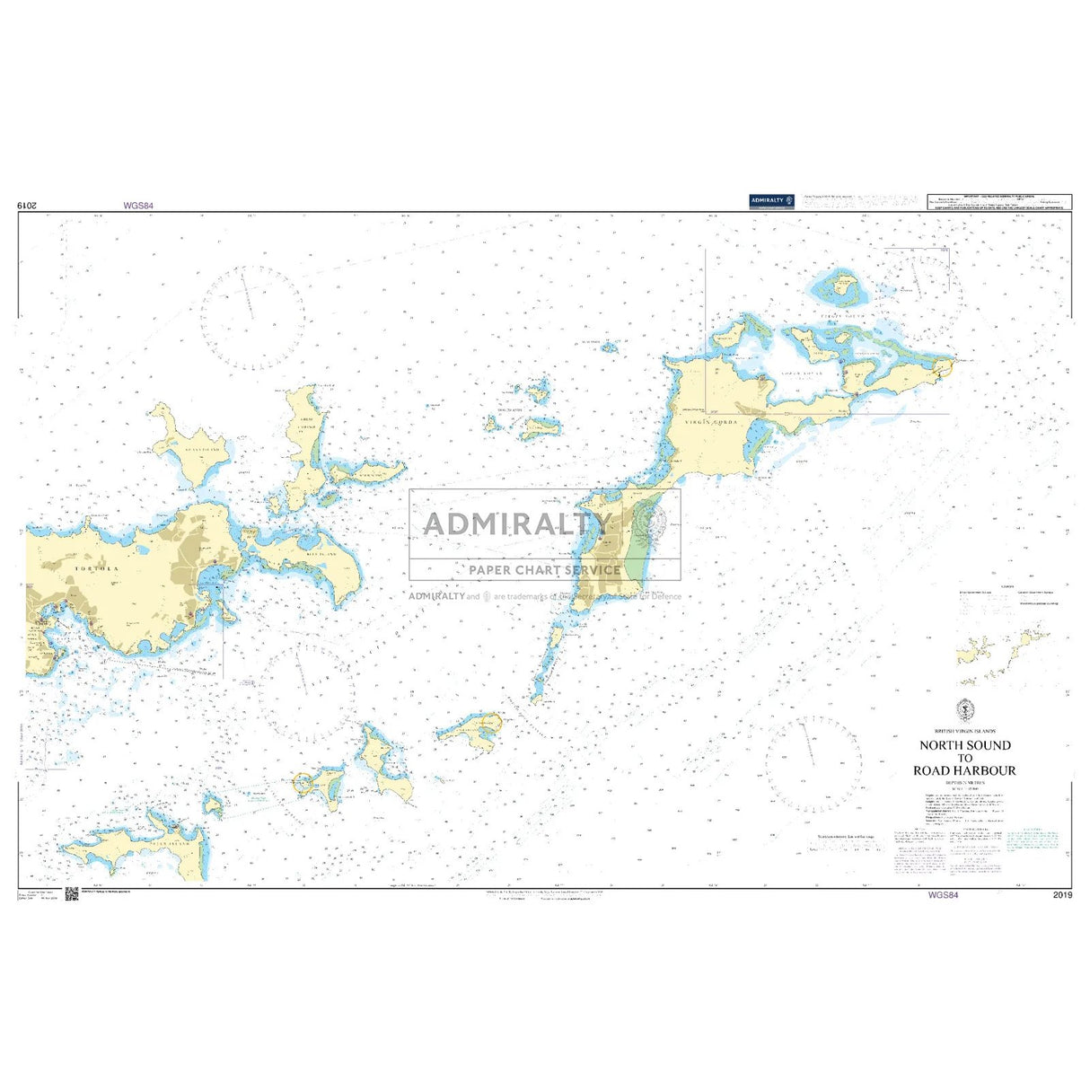 Product image of Admiralty Chart 2019 | North Sound to Road Harbour, featuring navigational markings, depth soundings, and coastal features, essential for safe marine navigation. It could be displayed as an art piece or used for navigation on a boat or ship.