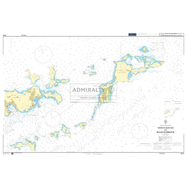 Product image of Admiralty Chart 2019 | North Sound to Road Harbour, featuring navigational markings, depth soundings, and coastal features, essential for safe marine navigation. It could be displayed as an art piece or used for navigation on a boat or ship.