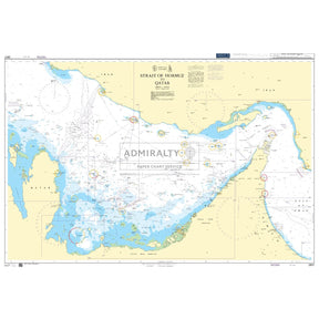 Product image of Admiralty Chart 2837 | Strait of Hormuz to Qatar, featuring navigational markings, depth soundings, and coastal features, essential for safe marine navigation. It could be displayed as an art piece or used for navigation on a boat or ship.