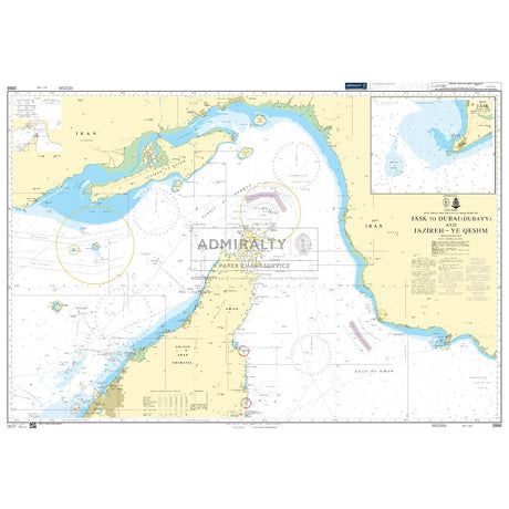 Product image of Admiralty Chart 2888 | Jask to Dubai (Dubayy) and Jazireh-ye Qeshm, featuring navigational markings, depth soundings, and coastal features, essential for safe marine navigation. It could be displayed as an art piece or used for navigation on a boat or ship.
