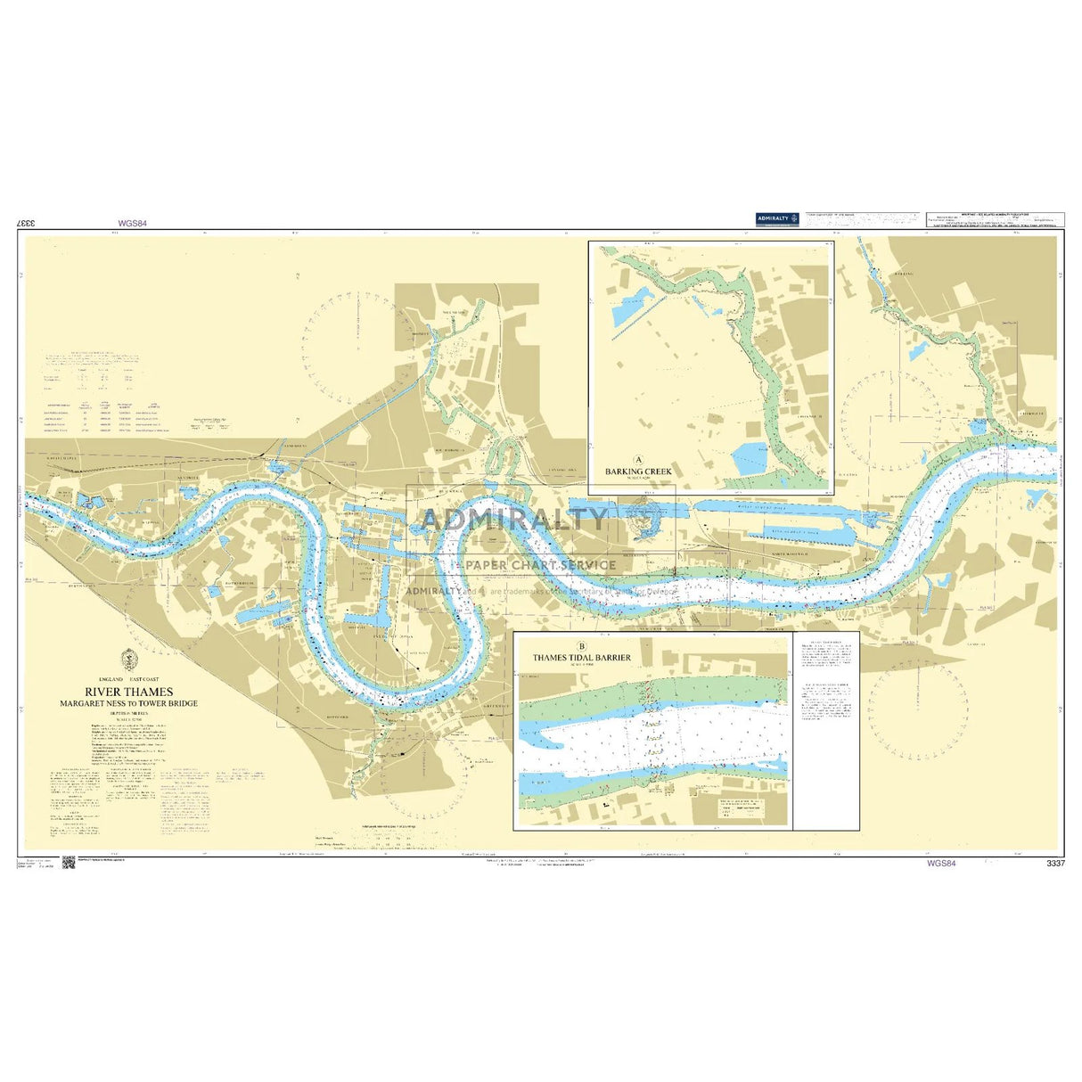 Product image of Admiralty Chart 3337 | River Thames Margaret Ness to Tower Bridge, featuring navigational markings, depth soundings, and coastal features, essential for safe marine navigation. It could be displayed as an art piece or used for navigation on a boat or ship.