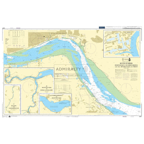 Product image of Admiralty Chart 3497 | River Humber Immingham to Humber Bridge and the Rivers Ouse and Trent, featuring navigational markings, depth soundings, and coastal features, essential for safe marine navigation. It could be displayed as an art piece or used for navigation on a boat or ship.