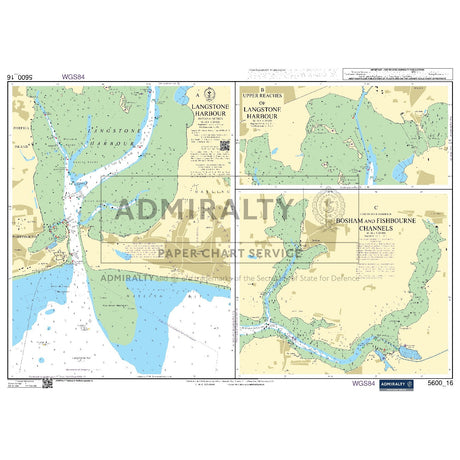 Nautical chart 5600_16 Langstone Harbour and Bosham and Fishbourne Channels in the Solent area with 3 panels