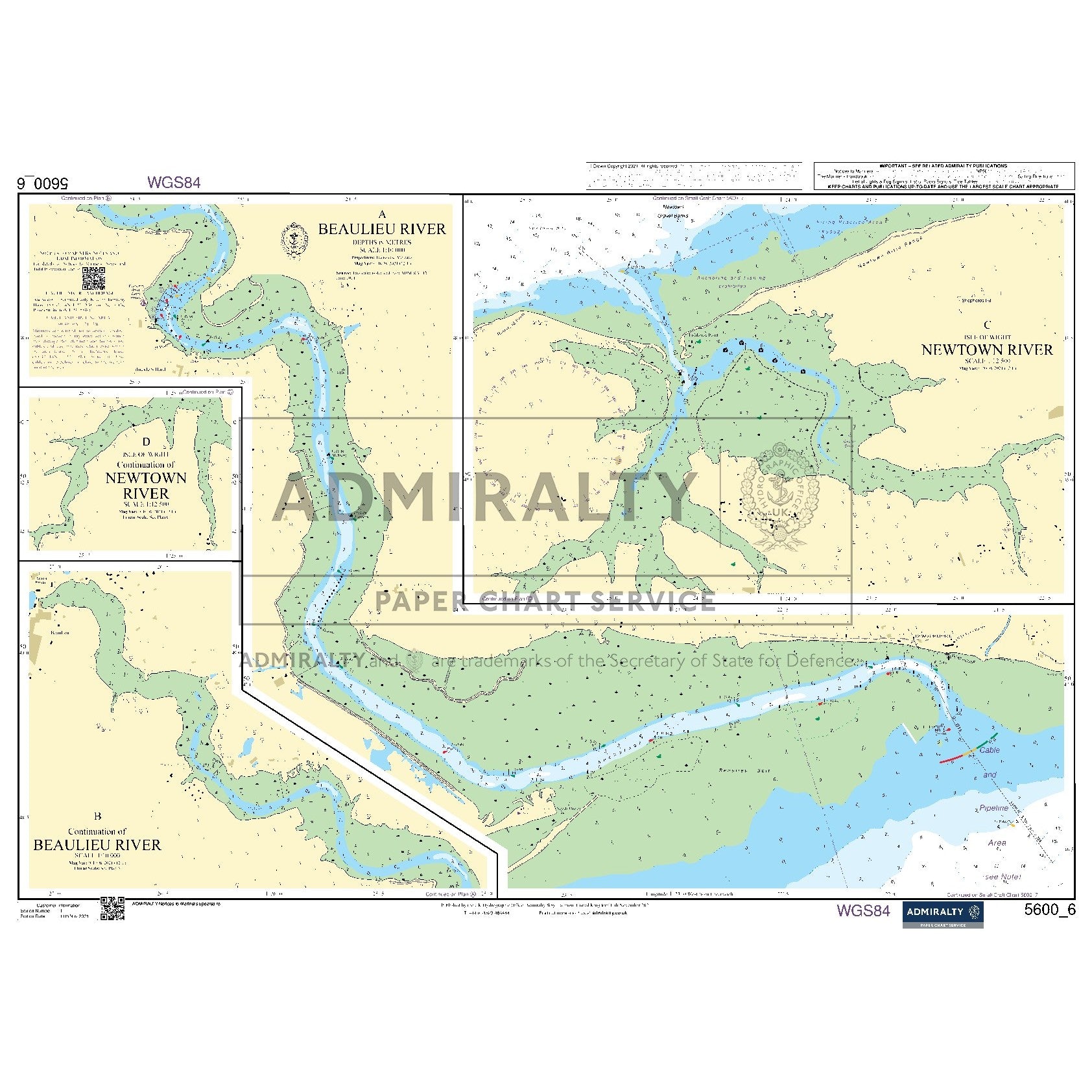 Nautical chart 5600_6 Beaulieu River and Newtown River in the Solent with 4 panels