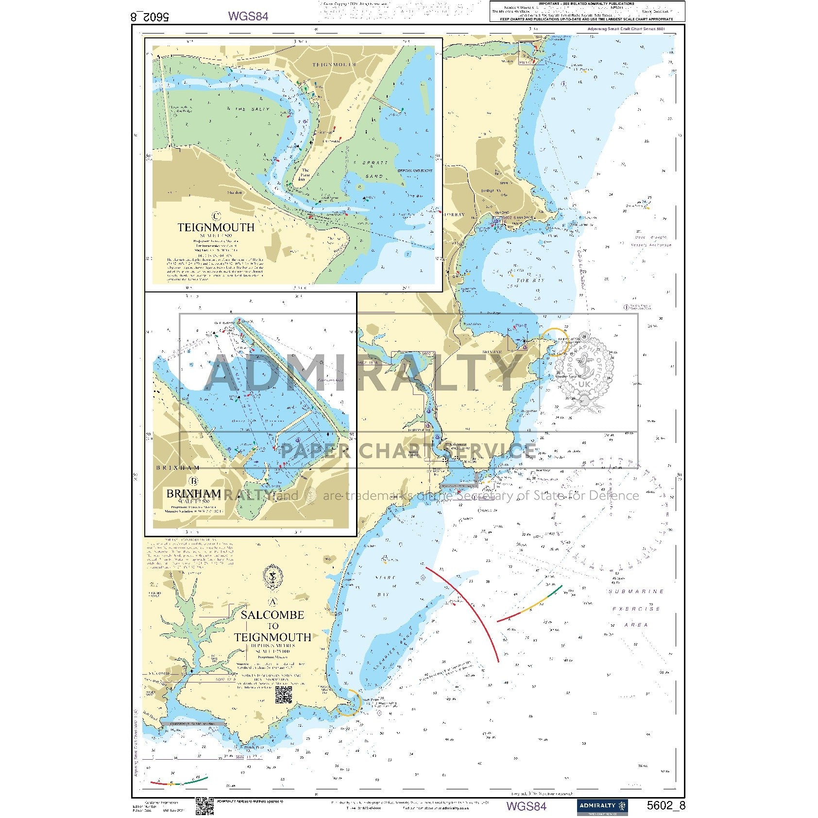 Nautical chart 5602_8 Salcombe to Teignmouth on the South Devon coast with 3 panels