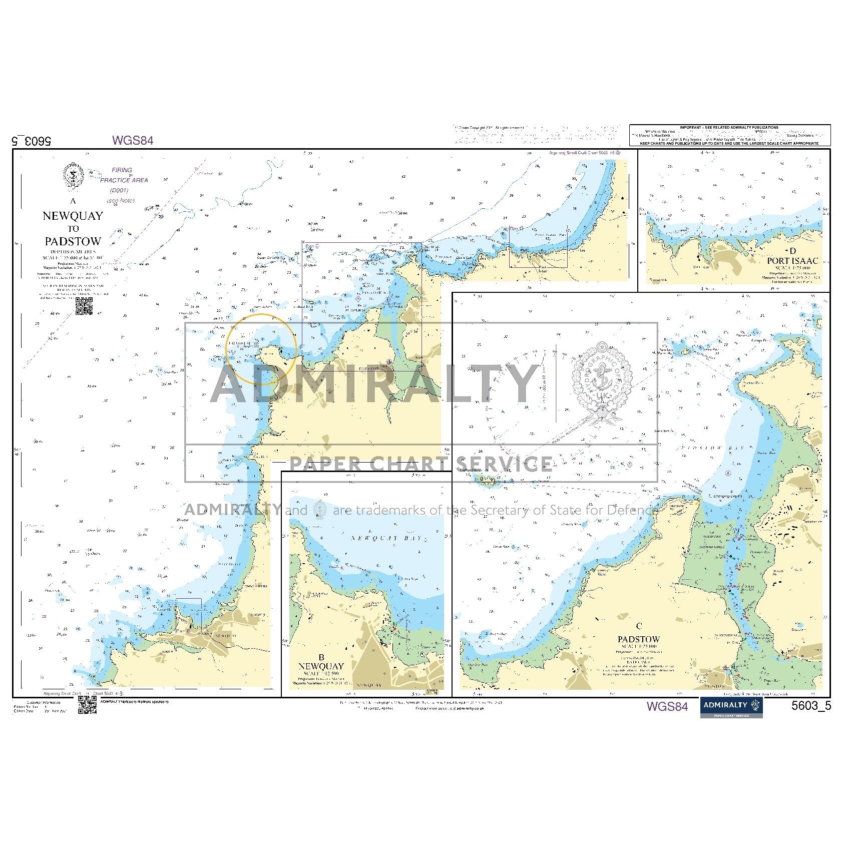Nautical chart 5603_5 Newquay to Padstow on the Cornish coast with 4 panels
